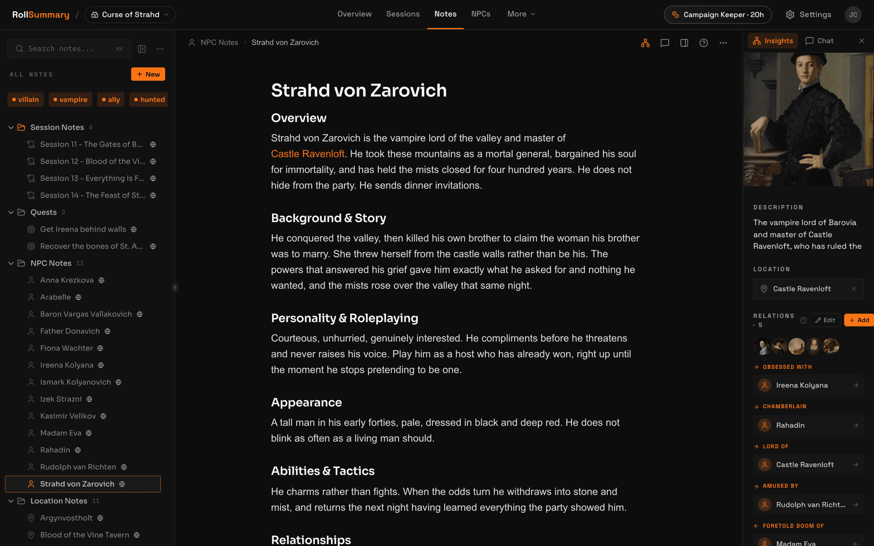 Strahd von Zarovich's NPC note in RollSummary with a portrait, a description, and his mapped relationships